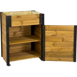 Rollbarer Gartenschrank mit Pflanzkasten aus Holz, braun/schwarz. Stauraum und Bepflanzung für den Garten.