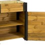 Rollbarer Gartenschrank mit Pflanzkasten aus Holz, braun/schwarz. Stauraum und Bepflanzung für den Garten.
