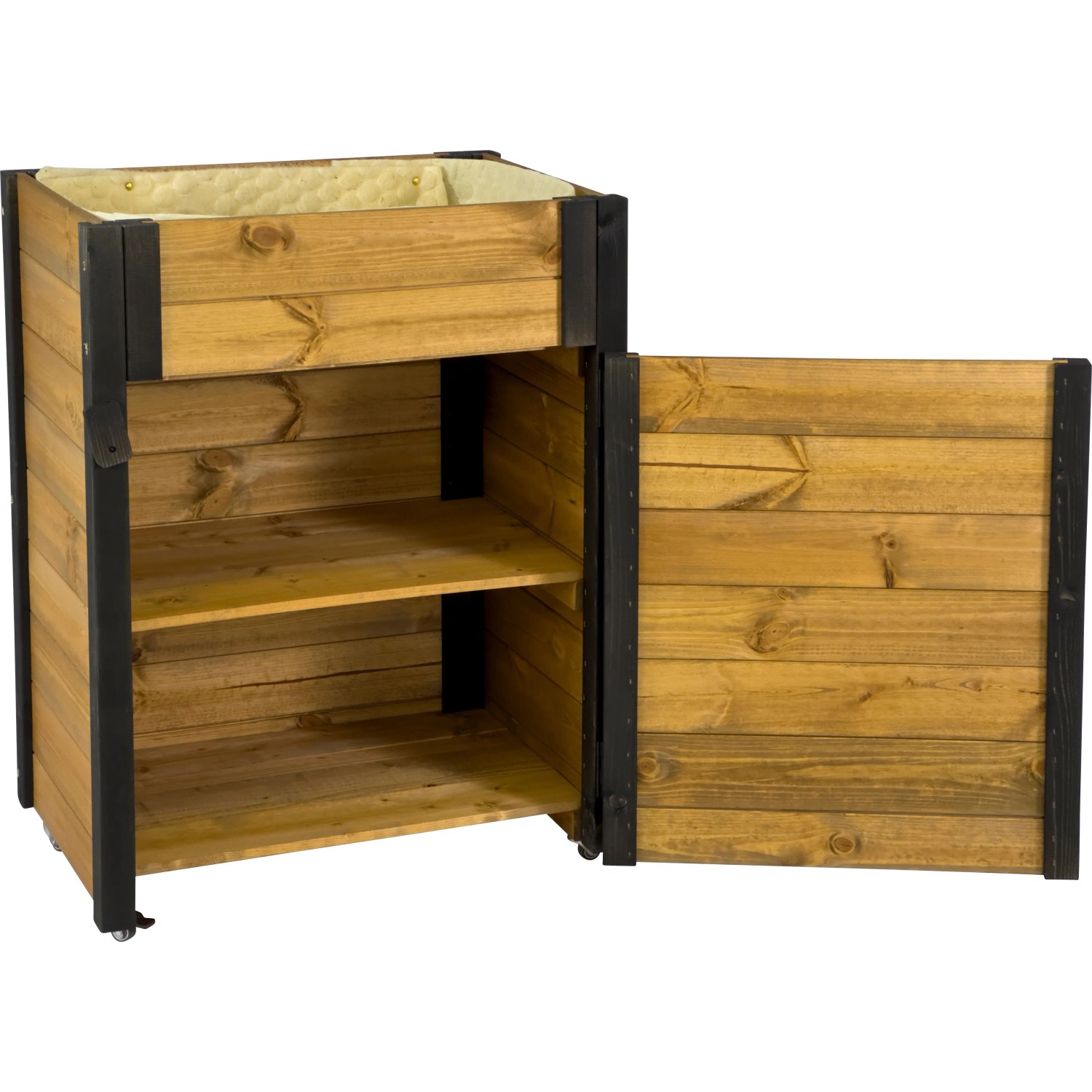 Rollbarer Gartenschrank mit Pflanzkasten aus Holz, braun/schwarz. Stauraum und Bepflanzung für den Garten.