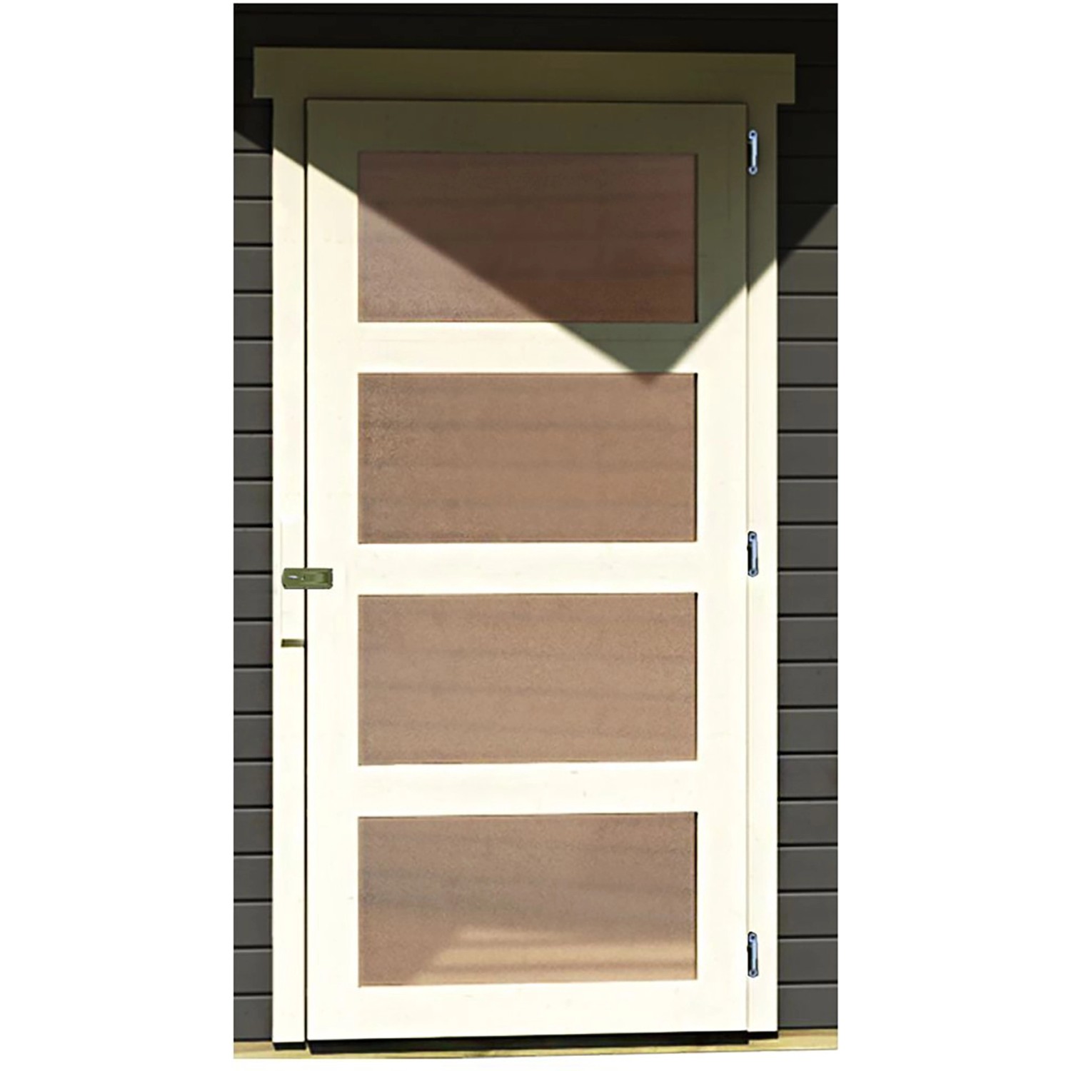 Tür des Karibu Holz-Gartenhauses Linköbing, terragrau lackiert, mit vier Füllungen.