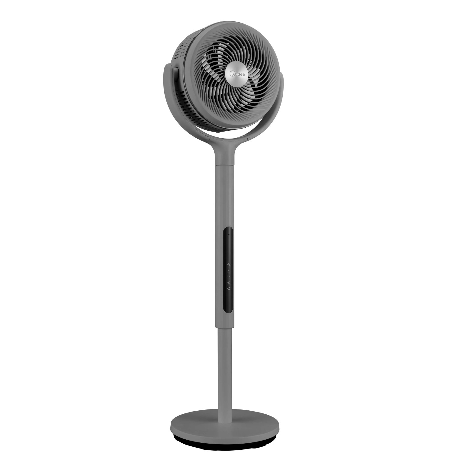 Grauer Midea Luftzirkulationsventilator mit digitaler Steuerung und höhenverstellbarem Design.