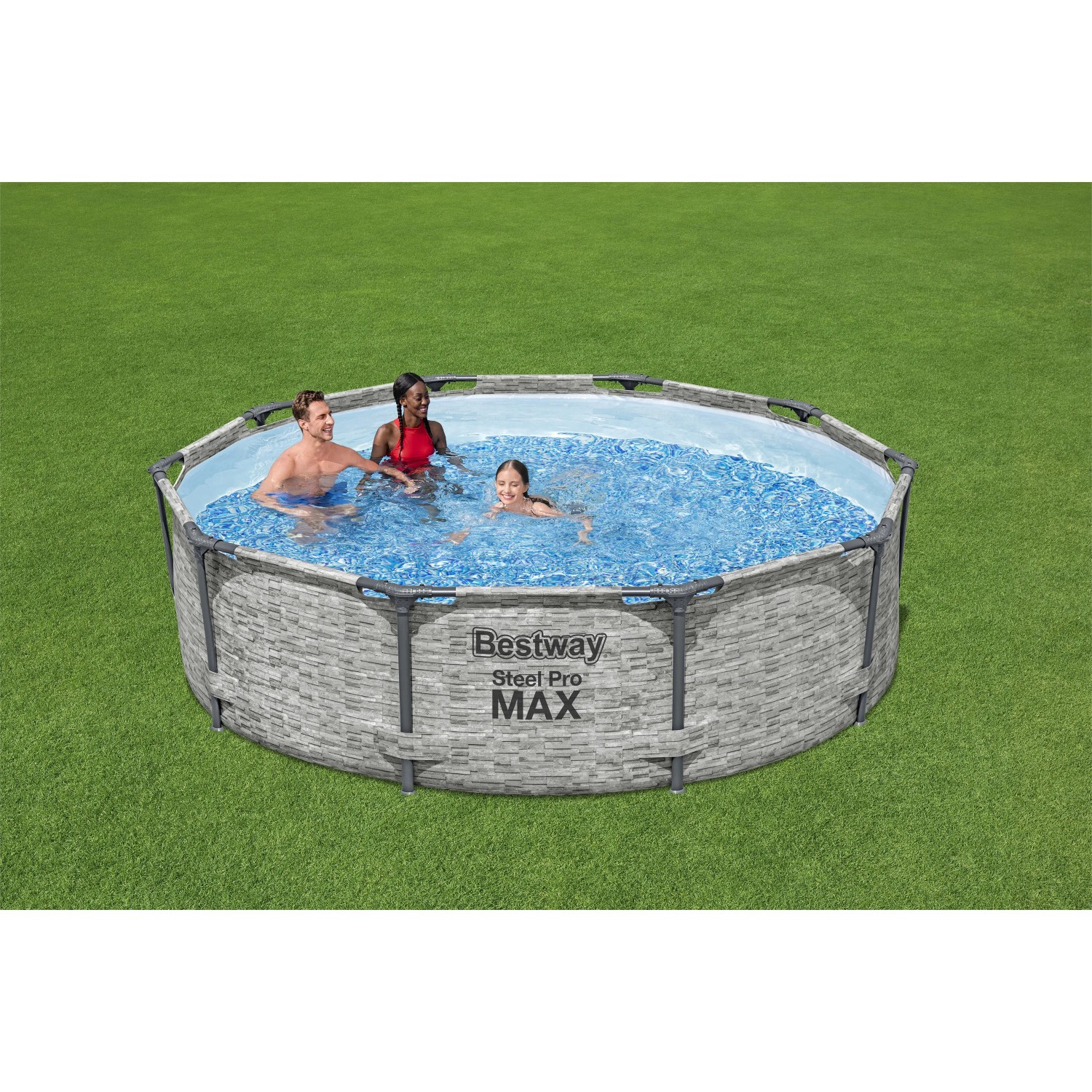 Bestway Stahlrahmenpool Steel Pro MAX, Ø 305 cm, mit Badegästen im Garten.