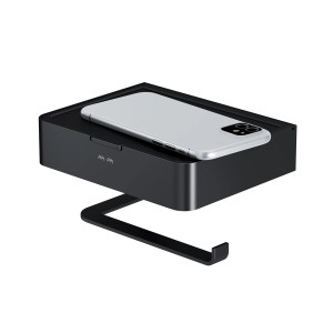 Schwarzer AM.PM Toilettenpapierhalter mit Box Inspire V2.0 und Handy auf Ablage.