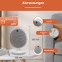 Weißer PTC-Heizlüfter (2200 W) mit Maßangaben auf einem Tisch.