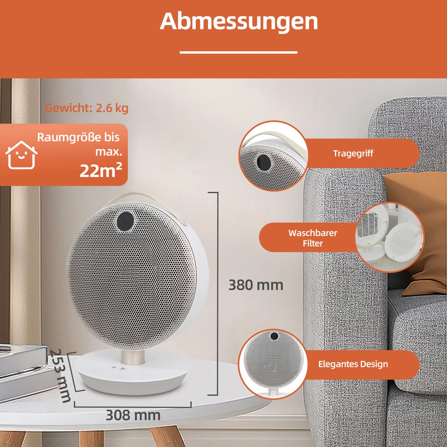 Weißer PTC-Heizlüfter (2200 W) mit Maßangaben auf einem Tisch.