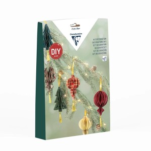 Clairefontaine DIY Bastelset für Weihnachtsaufhänger. Verpackung zeigt bunte Papier-Ornamente an Tannenzweig mit Lichtern.