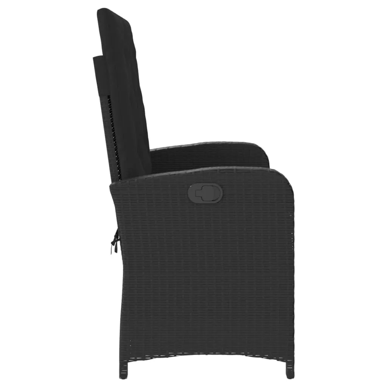 Verstellbare, schwarze Gartenbank aus Poly Rattan mit Kissen von VidaXL, Seitenansicht.