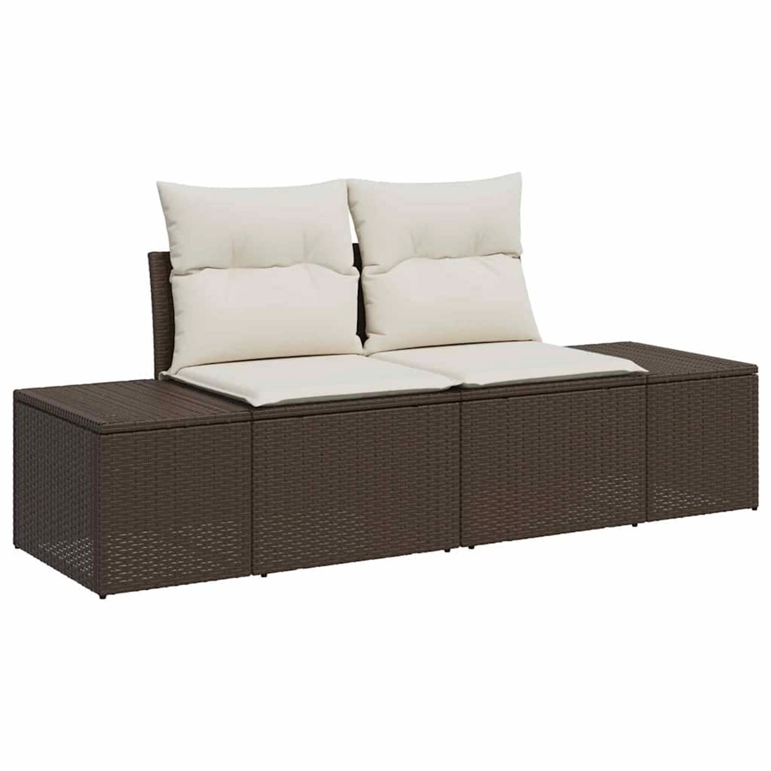 Braunes 7-teiliges vidaXL Garten-Sofa-Set aus Rattan mit creme-farbenen Kissen.