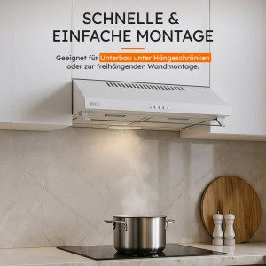Weiße NEG Unterbau Dunstabzugshaube 60cm in moderner Küche über Kochfeld. Einfache Montage unter Hängeschrank oder Wand.