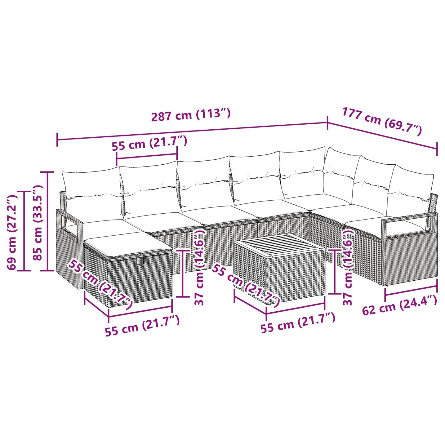 vidaXL Gartenmöbel-Set, 9-teilig, schwarz, Poly Rattan, mit Maßen. Ideal für Terrasse und Garten.