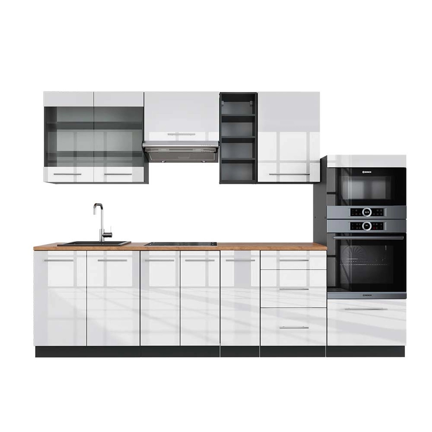 Vicco Fame-Line Küchenzeile Weiß Hochglanz/Anthrazit 280 cm AP Eiche günstig online kaufen