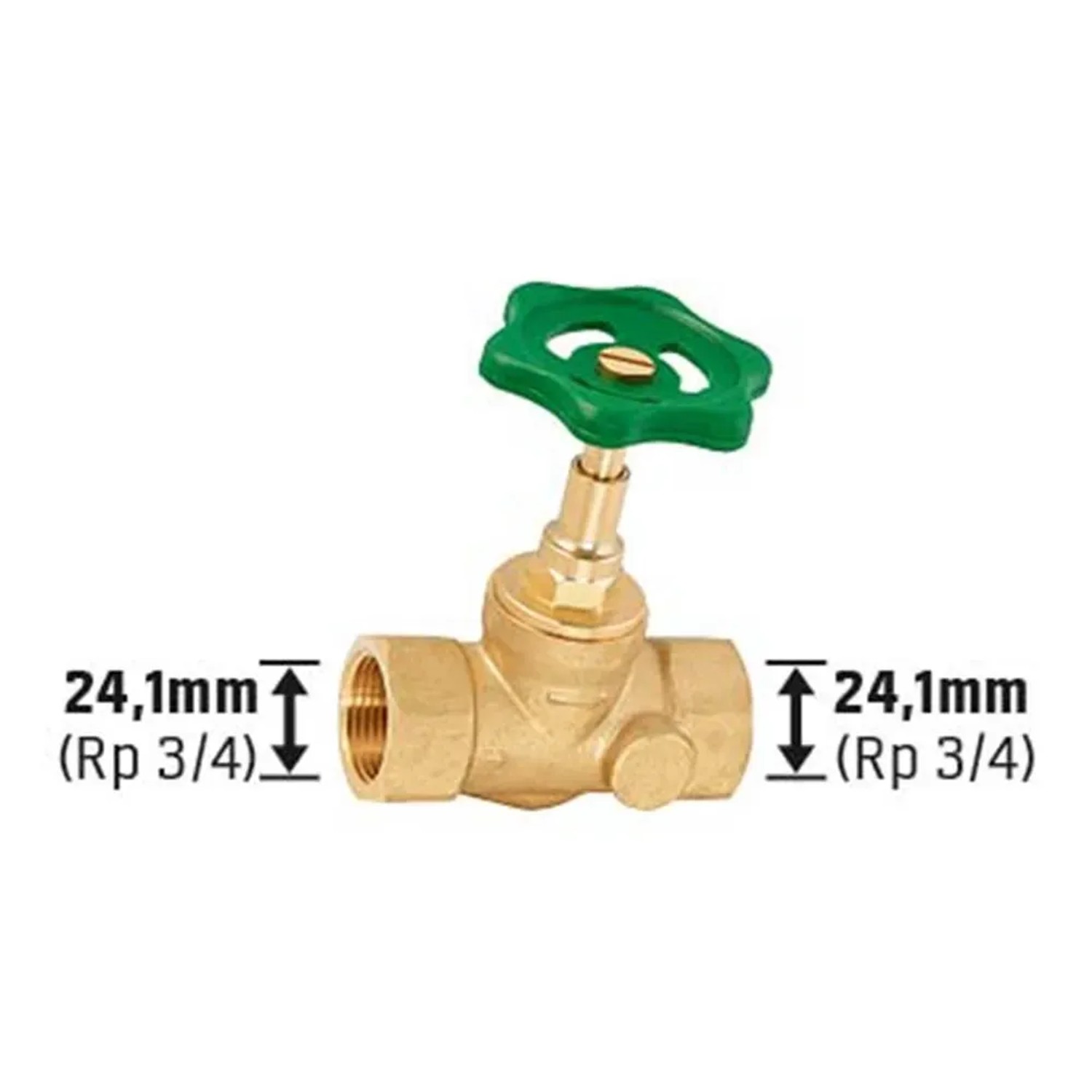 Messing Durchgangsventil (Rp 3/4) mit grünem Handrad zum Regulieren von Wasserleitungen.