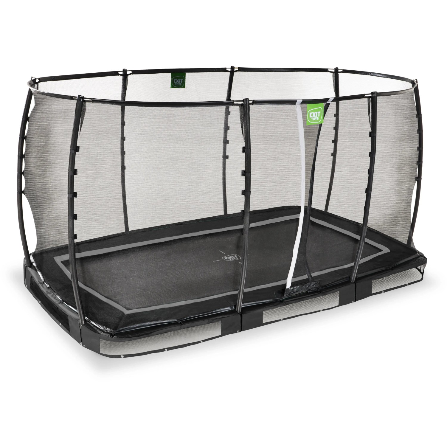 Schwarzes EXIT Allure Premium Bodentrampolin 214x366 cm mit Sicherheitsnetz.