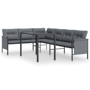Anthrazitfarbene vidaXL Garten-Essgruppe mit Ecksofa, Tisch und Kissen. Stahlgestell, Modell 1.