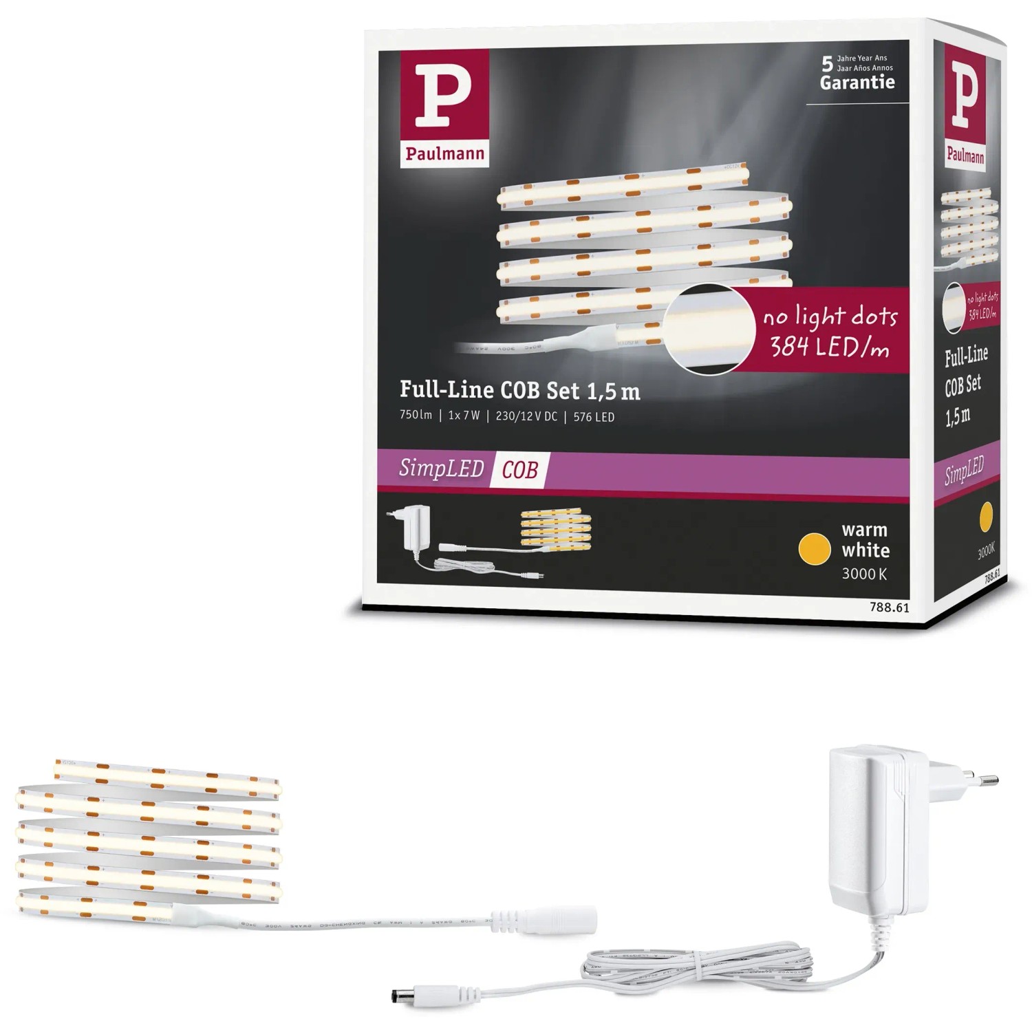 Paulmann SimpLED COB LED-Streifen Komplettset, 1,5 m, warmweiß, mit Netzteil und Zubehör.