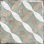 Quadratische, matte Bodenfliese aus Feinsteinzeug, 20x20 cm, mit floralem Muster in Beige, Weiß und Grün.
