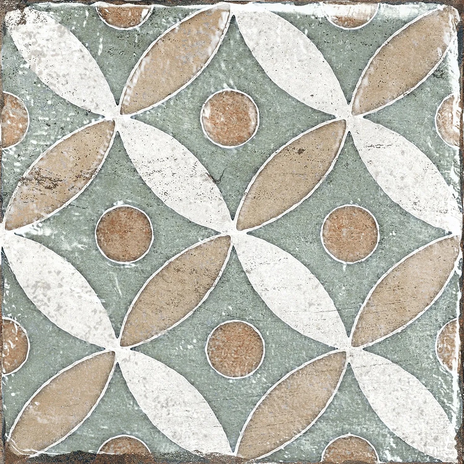 Quadratische, matte Bodenfliese aus Feinsteinzeug, 20x20 cm, mit floralem Muster in Beige, Weiß und Grün.