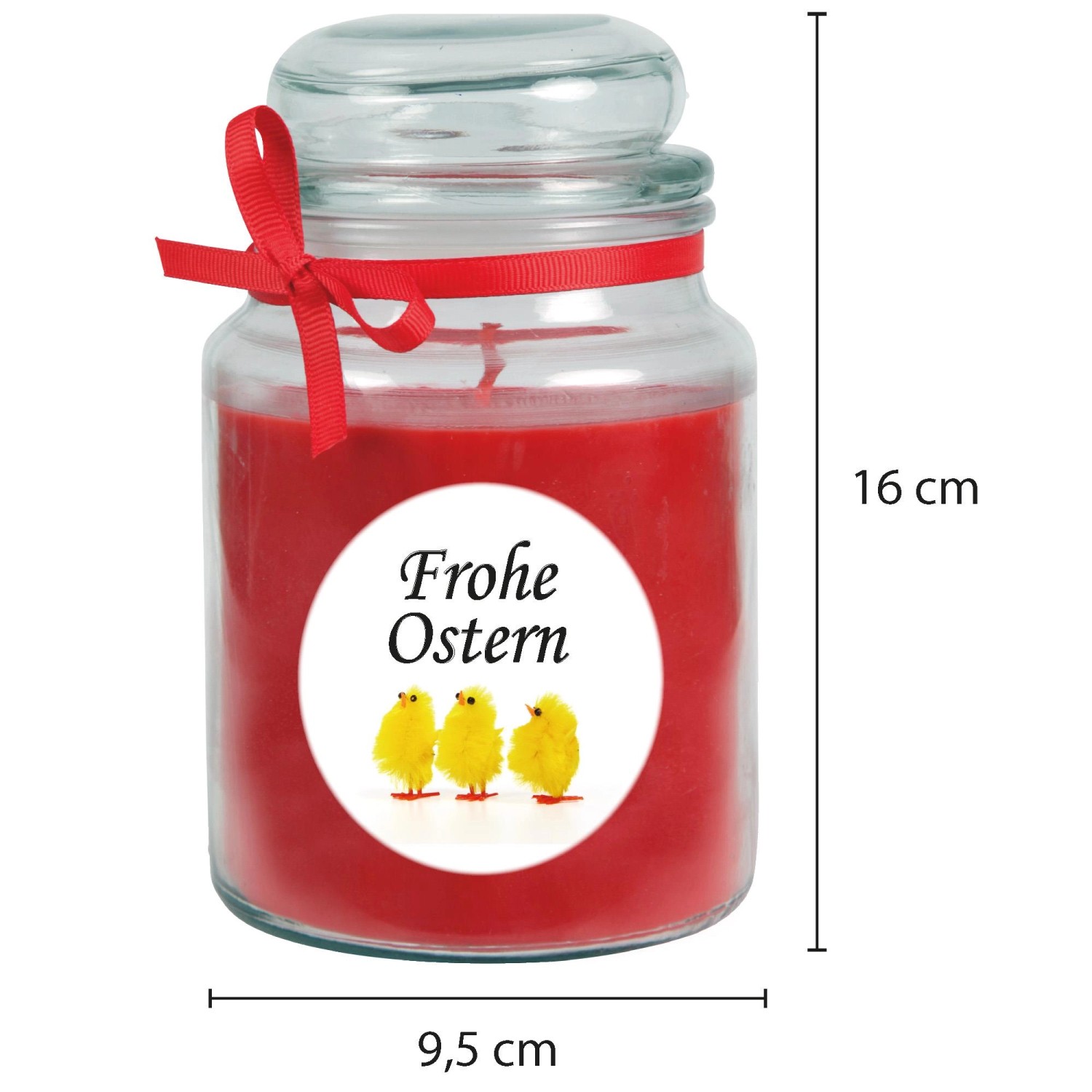 Duftkerze "Frohe Ostern" im Glas mit Küken-Motiv und roter Schleife, Ø10cm.