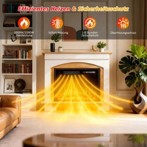 HOMAVO Elektrokamin mit Schrank, 23 Zoll, mit simulierten Flammen und Heizelementen in Wohnzimmerumgebung.