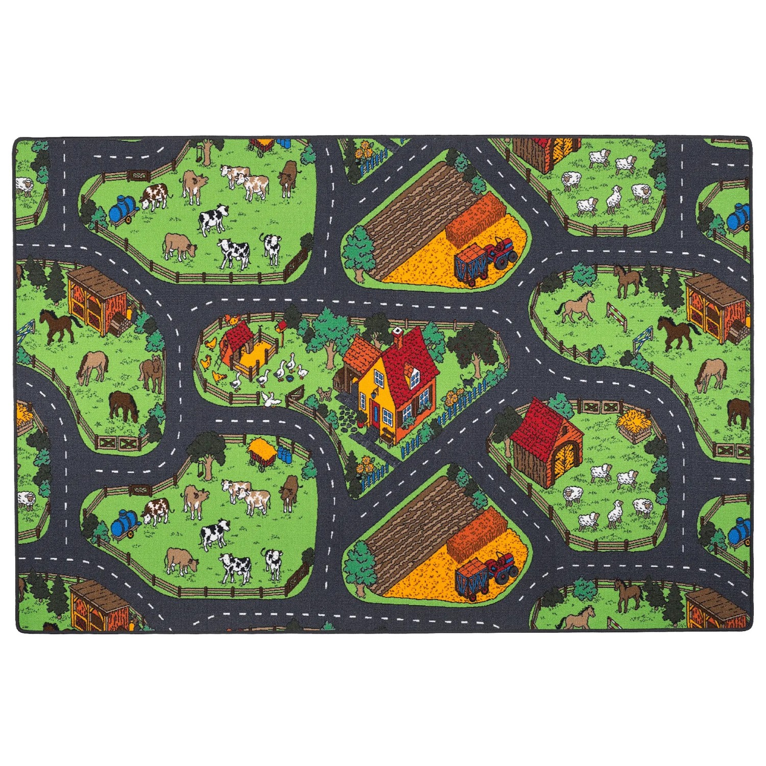 Snapstyle Kinderteppich mit Straßen und Bauernhofmotiven in Anthrazit, 200x250cm.