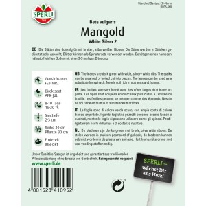 Sperli Mangold White Silver 2 Gemüsesamen Packung mit dunkelgrünen Blättern und weißen Rippen.