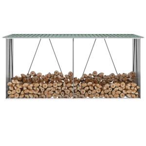 VidaXL Brennholzlager aus verzinktem Stahl, grün, mit gestapeltem Holz. Zubehör für Kamine & Öfen.