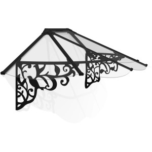 Palram-Canopia Vordach Lily XL, 2.16 x 0.9 m, schwarz, klare Paneele, mit dekorativen Stahlhalterungen.
