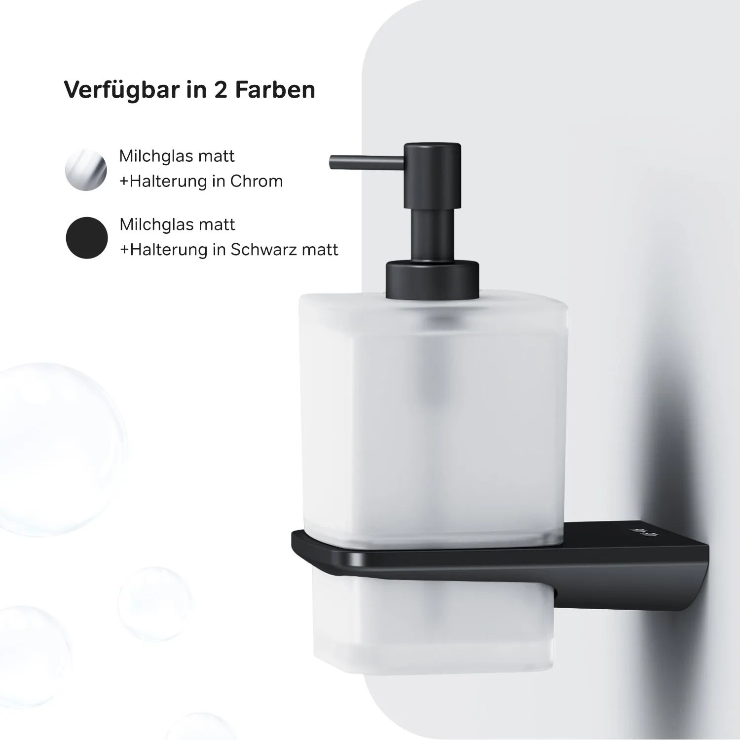 AM.PM Seifenspender Inspire V2.0 Schwarz: Wandmontierter Glasseifenspender mit schwarzer Halterung.