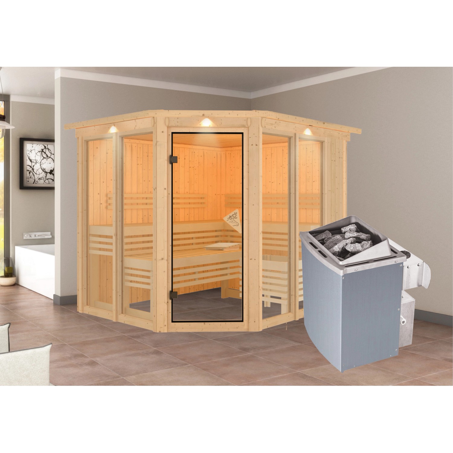 Karibu Sauna Airin 3 mit Ofen intergrierte Stg.LED-Dachkranz Natur