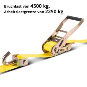 Gelber STAHLWERK Radsicherung Ratschengurt mit Metallratsche und Haken für Autotransport. Arbeitslast 2250 kg.