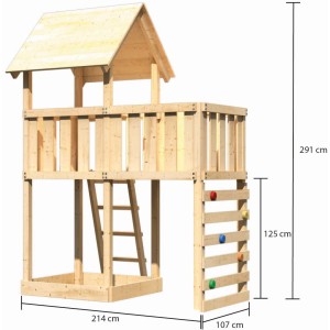 Karibu Spielturm Lotti mit Anbau und Kletterwand aus naturbelassenem Holz, seitliche Ansicht mit Maßen.