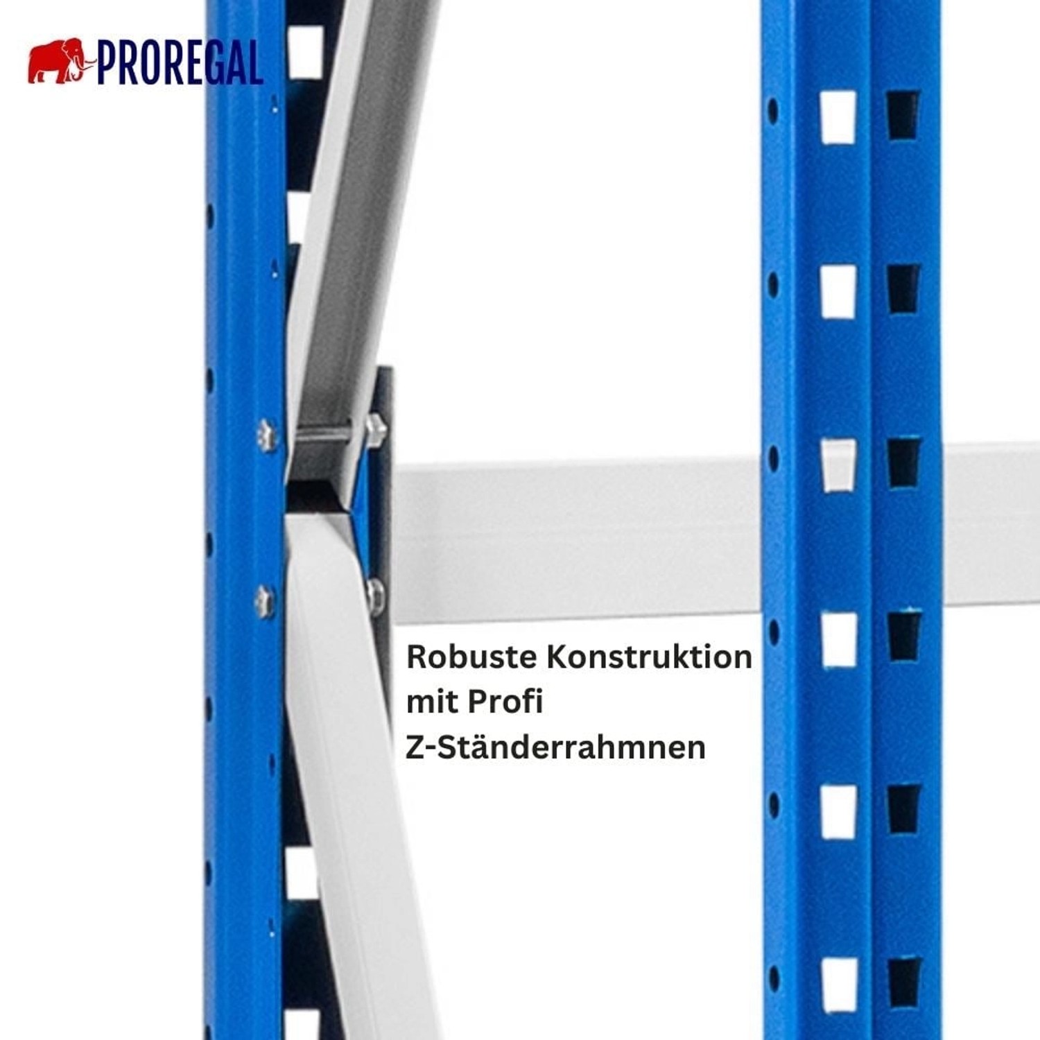 Detailaufnahme PROREGAL Weitspannregal Maximus Pro: Blaue Ständer, weiße Traversen, robuste Bauweise.