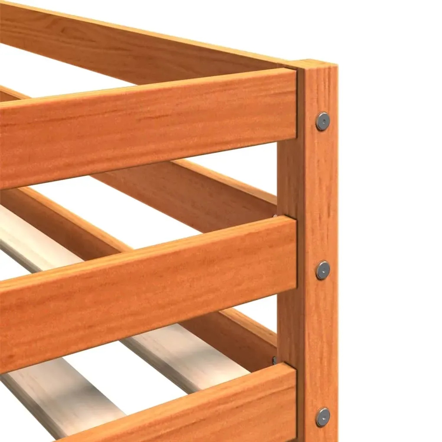 Detailansicht Etagenbett, Wachsbraun, Kiefer Massivholz, Bettrahmen und Lattenrost.