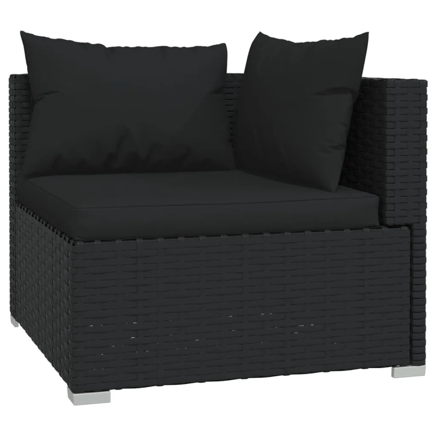 Schwarzes vidaXL 3-Sitzer Gartensofa aus Poly Rattan mit Kissen, Eckteil.
