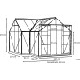 Skizze des Vitavia Gewächshauses Sirius, 13 m², mit Maßangaben zu Höhe, Breite und Tiefe.