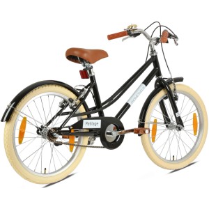 Schwarzes PROMETHEUS Kinderfahrrad 20 Zoll im Retro-Look mit Felgenbremse und Ständer.