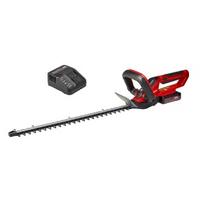 Einhell Akku-Heckenschere GC-CH 1855/1 Li Kit mit Akku und Ladegerät in Rot-Schwarz.