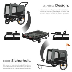 Grauer Tectake Hundeanhänger Woofrider, faltbar und multifunktional als Fahrradanhänger und Jogger.