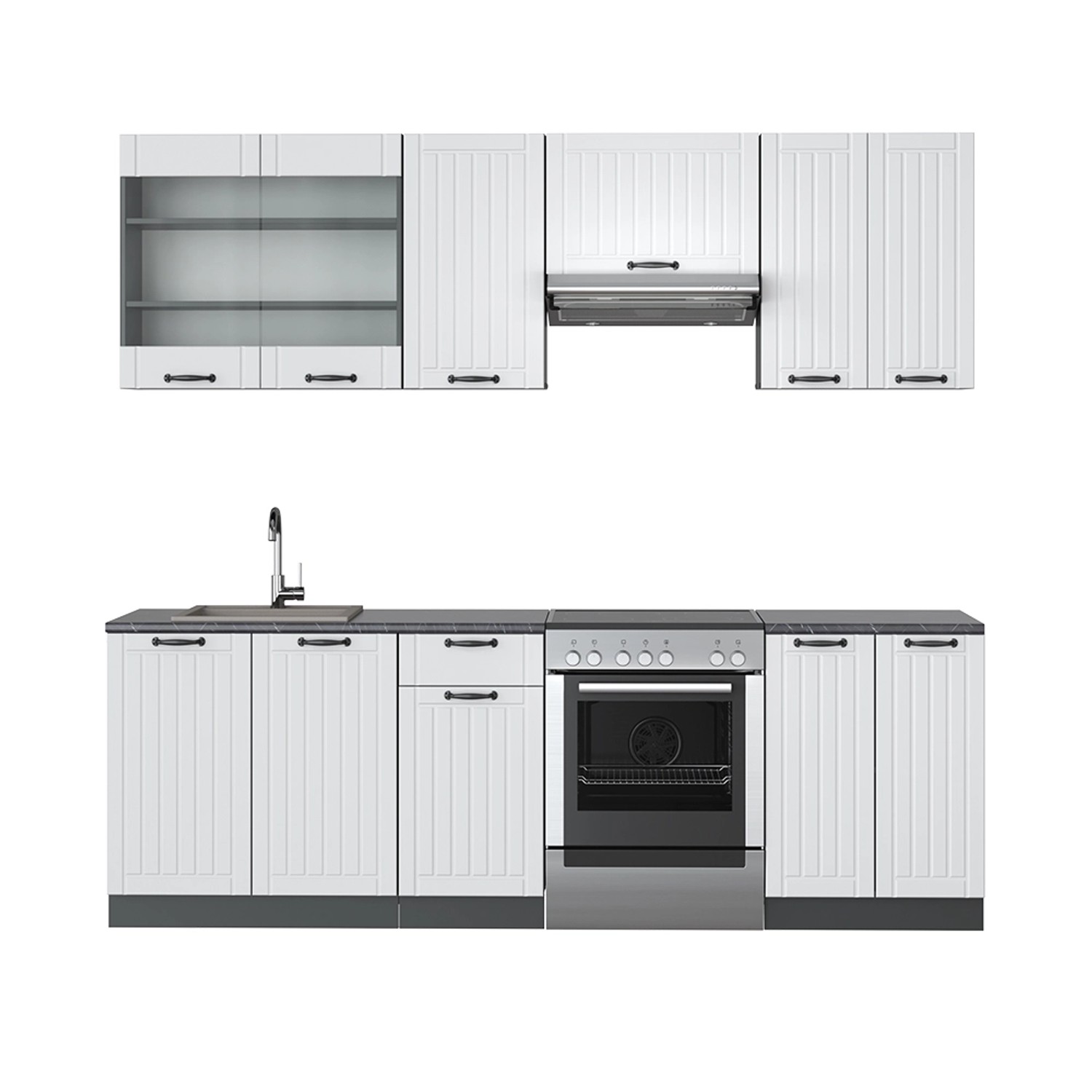 Vicco Fame-Line Küchenzeile Weiß Landhaus/Anthrazit 240 cm AP Anthrazit günstig online kaufen
