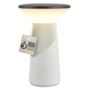 Dimmbare, lichtgraue Brilo Akku Tischleuchte Pilia mit Touchfunktion.