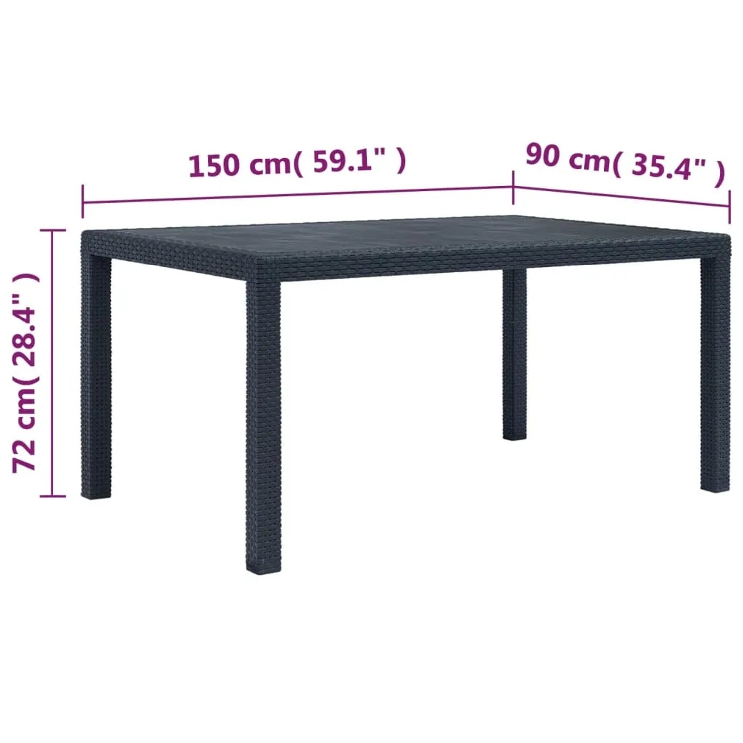Anthrazitfarbener Gartentisch (150x90x72 cm) in Rattan-Optik von vidaXL.