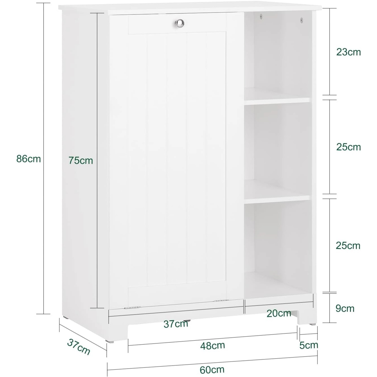 Weißer SoBuy Badschrank mit Wäschesack und Regalfächern, Teil eines Badmöbel-Sets.