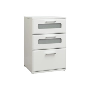 Weißer ML-Design Nachttisch mit 3 Schubladen und Glaseinsatz, 40x60x38 cm.