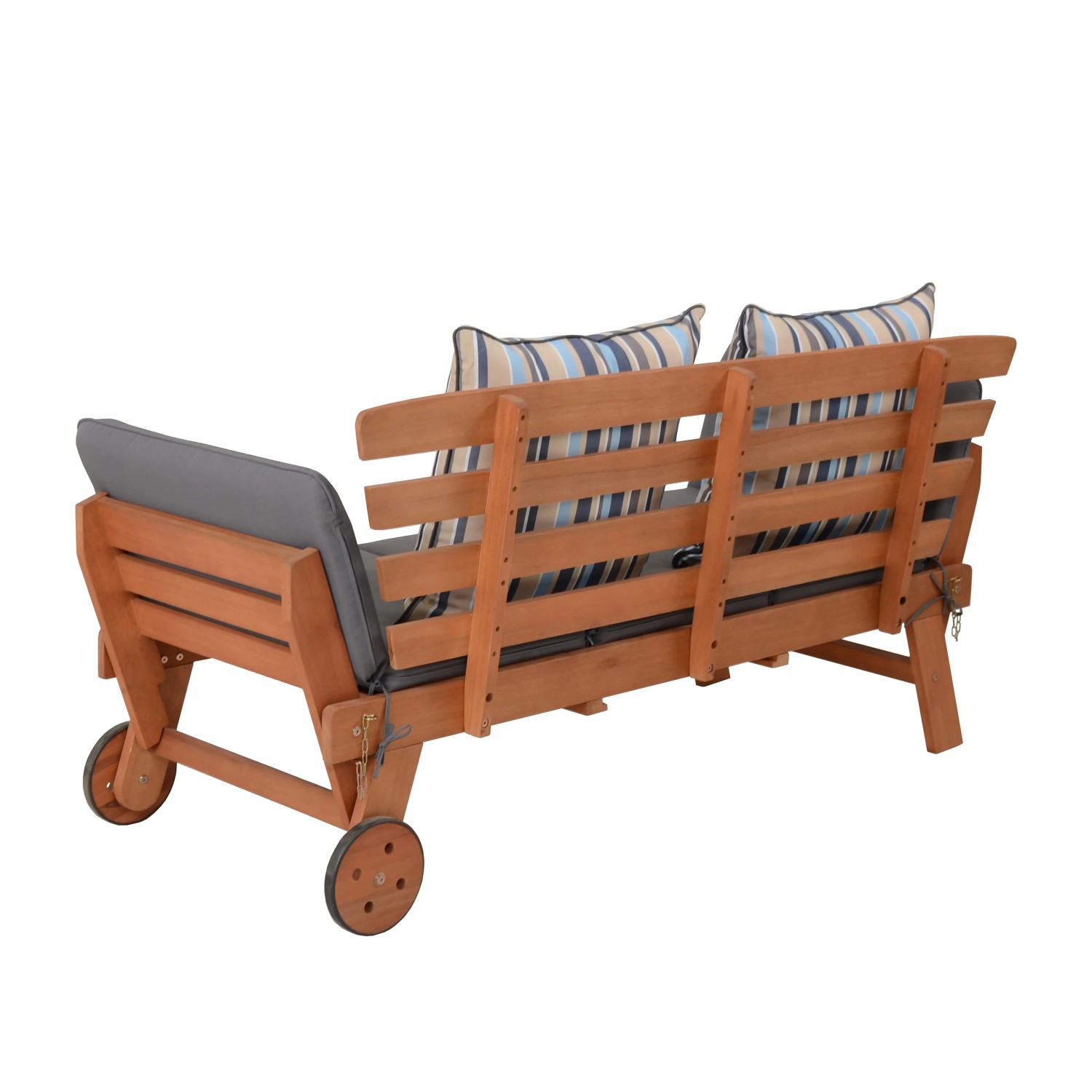 Garten Pleasure Gartenbank Rincon aus Eukalyptusholz mit grauer Auflage und Rädern.