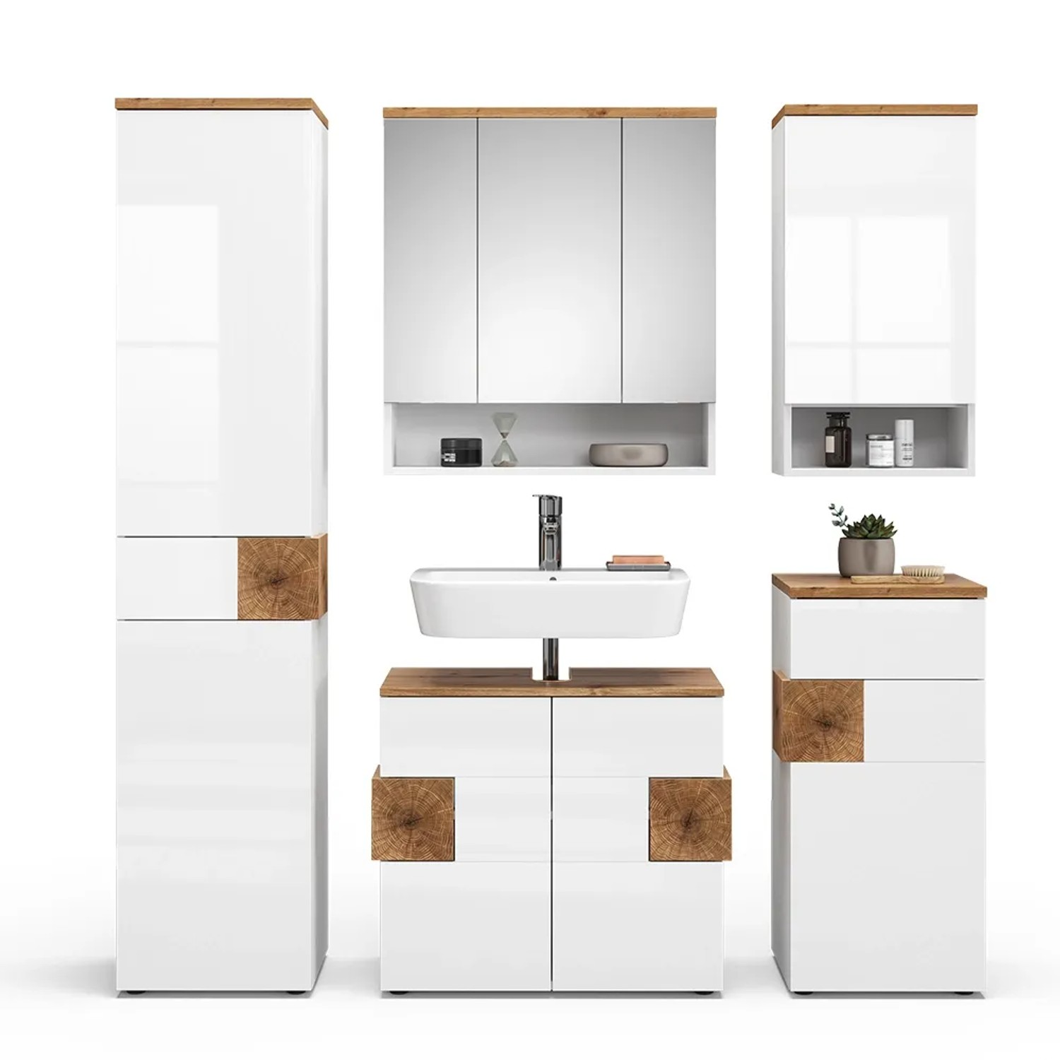 Vicco Badmöbel-Set Eden, 5-teilig, weiß hochglanz/Artisan-Eiche, mit Spiegelschrank, Waschbecken und Unterschränken.