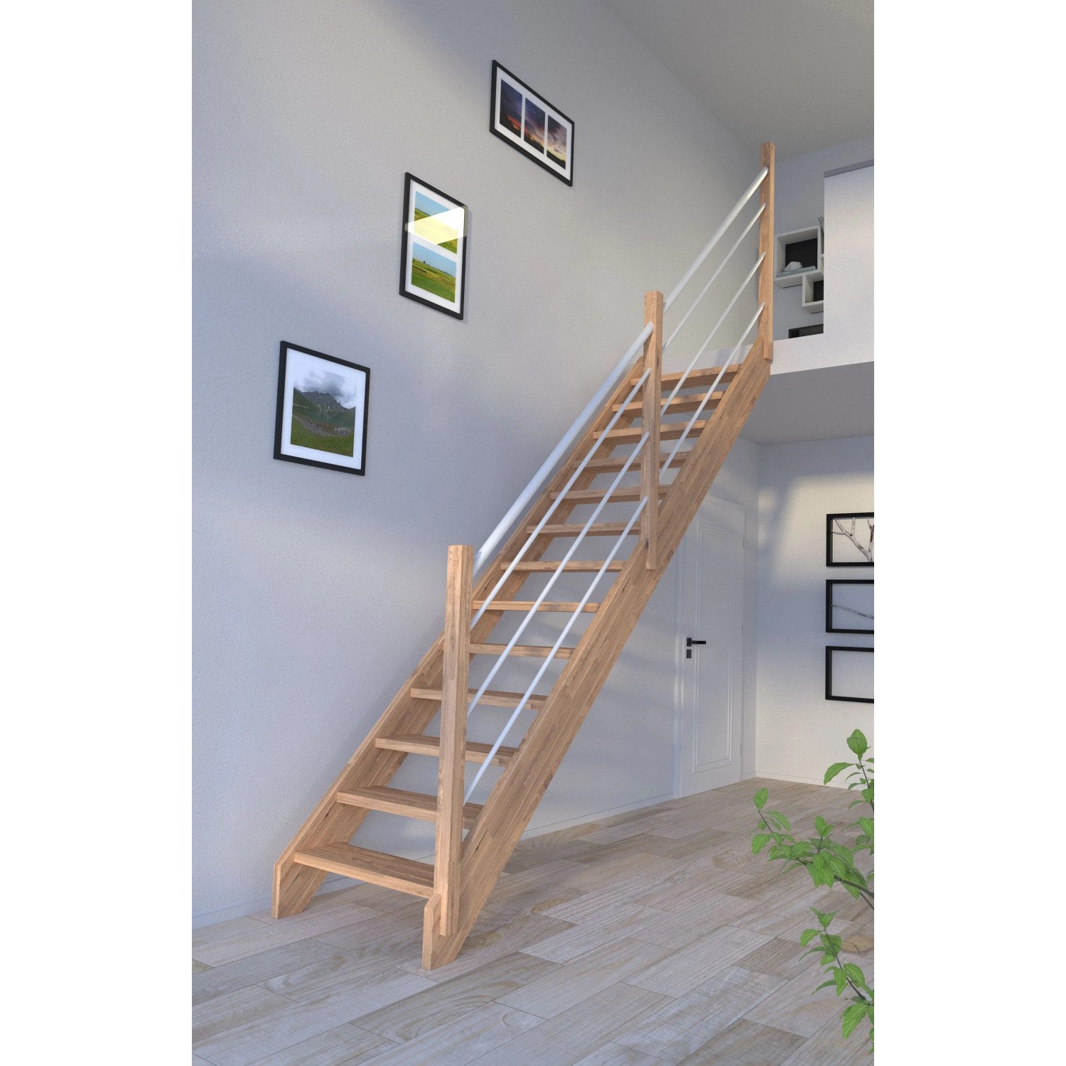 Gerade Holztreppe Mykonos Pro Eiche mit weißem Edelstahlgeländer (rechts).