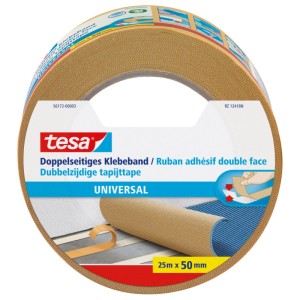 Tesa Doppelseitiges Klebeband Universal, 25m x 50mm. Braune Rolle mit Anwendungshinweis für Teppich.