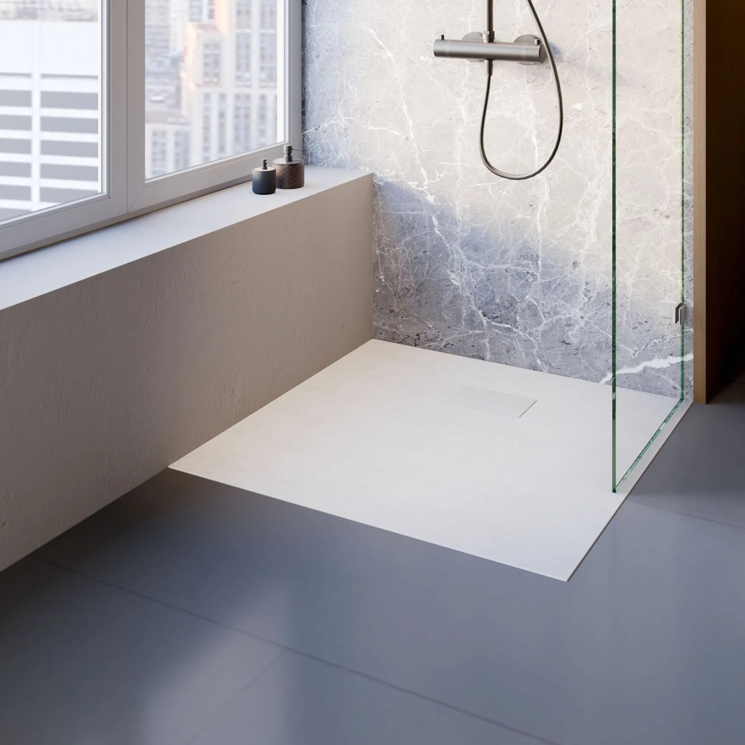 Quadratische, extraflache Schulte Duschwanne ExpressPlus Midra, 90x90 cm, in Weiß für bodenebene Dusche.
