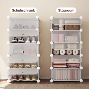 Weißes, hohes Schuhregal mit Stecksystem, 10 Ebenen, als Schuhschrank und vielseitiger Stauraum genutzt. Platzsparend.