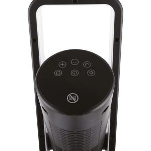 Detailaufnahme: Schwarzer Turmheizer Keramik 2,2 kW mit digitalem Thermostat und Bedienfeld.